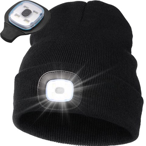 CZAPKA ZIMOWA JESIENNA Z LATARKĄ LAMPKĄ LED CZARNA USB 3 TRYBY ŚWIECENIA