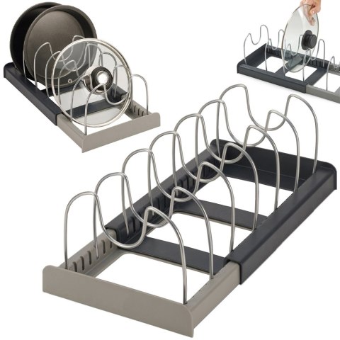 Stojak organizer na patelnie garnki rozsuwany Stojak organizer na patelnie garnki rozsuwany