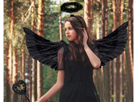 Skrzydła anioła z piór czarne strój bajkowy cosplay przebranie na halloween Skrzydła anioła z piór czarne strój bajkowy cosplay przebranie na halloween