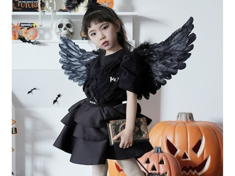 Skrzydła anioła z piór czarne strój bajkowy cosplay przebranie na halloween Skrzydła anioła z piór czarne strój bajkowy cosplay przebranie na halloween