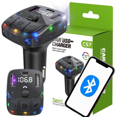 Transmiter samochodowy fm mp3/wma 2xusb + usb c bluetooth 5.3 led qc 3.0 Transmiter samochodowy fm mp3/wma 2xusb + usb c bluetooth 5.3 led qc 3.0