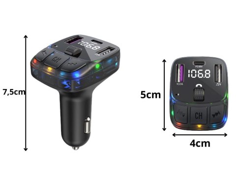 Transmiter samochodowy fm mp3/wma 2xusb + usb c bluetooth 5.3 led qc 3.0 Transmiter samochodowy fm mp3/wma 2xusb + usb c bluetooth 5.3 led qc 3.0