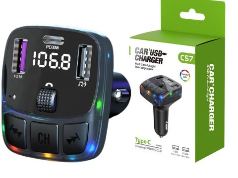 Transmiter samochodowy fm mp3/wma 2xusb + usb c bluetooth 5.3 led qc 3.0 Transmiter samochodowy fm mp3/wma 2xusb + usb c bluetooth 5.3 led qc 3.0
