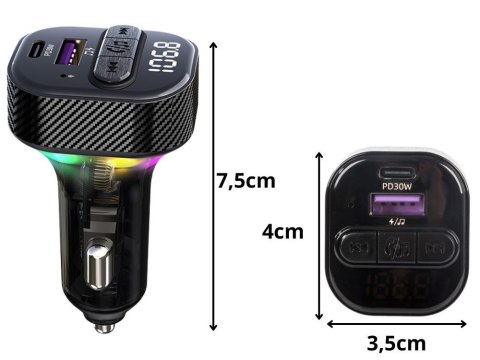 Transmiter samochodowy fm mp3/wma usb a+usb c 30w bluetooth 5.3 led qc 3.0 Transmiter samochodowy fm mp3/wma usb a+usb c 30w bluetooth 5.3 led qc 3.0