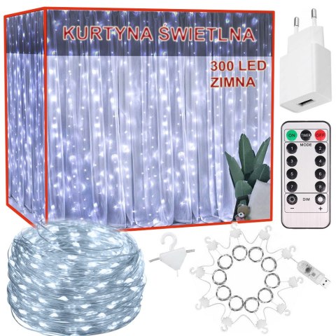 Kurtyna świetlna 300 led na okno wewnętrzna girlanda barwa zimna pilot 3m Kurtyna świetlna 300 led na okno wewnętrzna girlanda barwa zimna pilot 3m