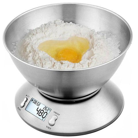 Waga kuchenna elektroniczna cyfrowa z misą miska 5kg lcd srebrna metalowa Waga kuchenna elektroniczna cyfrowa z misą miska 5kg lcd srebrna metalowa