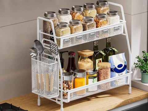 Półka kuchenna organizer kuchenny stojący dwupoziomowy loft z koszyczkiem Półka kuchenna organizer kuchenny stojący dwupoziomowy loft z koszyczkiem