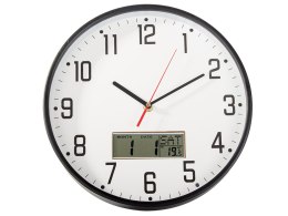 Zegar ścienny duży cichy 30cm okrągły wskazówkowy data temperatura drewno
