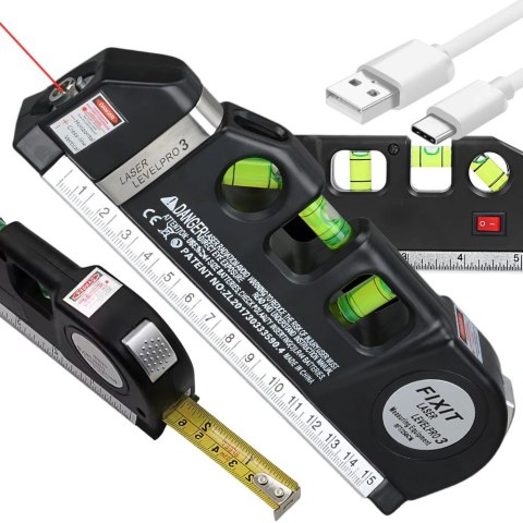 Poziomica laserowa precyzyjna z miarką 2,5m miara laser 3 tryby led usb Poziomica laserowa precyzyjna z miarką 2,5m miara laser 3 tryby led usb