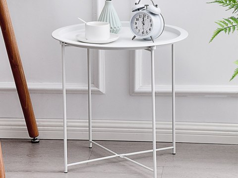 Stolik okrągły kawowy metalowy składany z tacą na taras balkon loft biały Stolik okrągły kawowy metalowy składany z tacą na taras balkon loft biały