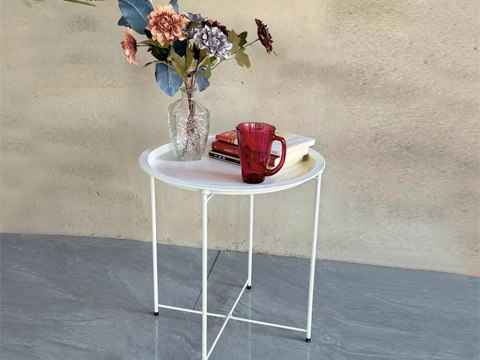 Stolik okrągły kawowy metalowy składany z tacą na taras balkon loft biały Stolik okrągły kawowy metalowy składany z tacą na taras balkon loft biały