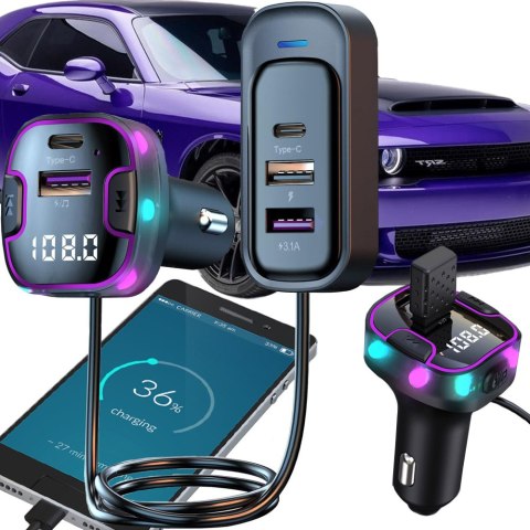 Transmiter bluetooth samochodowy fm 3x usb typ c adapter ładowarka Transmiter bluetooth samochodowy fm 3x usb typ c adapter ładowarka