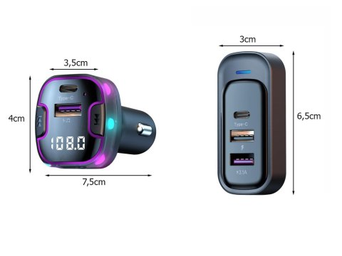 Transmiter bluetooth samochodowy fm 3x usb typ c adapter ładowarka Transmiter bluetooth samochodowy fm 3x usb typ c adapter ładowarka