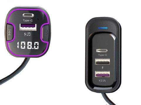 Transmiter bluetooth samochodowy fm 3x usb typ c adapter ładowarka Transmiter bluetooth samochodowy fm 3x usb typ c adapter ładowarka