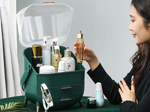 Organizer na kosmetyki z szufladami kuferek pojemny duży uchwyt elegancki Organizer na kosmetyki z szufladami kuferek pojemny duży uchwyt elegancki