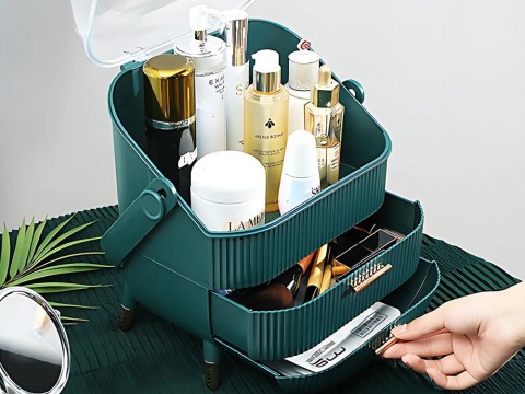 Organizer na kosmetyki z szufladami kuferek pojemny duży uchwyt elegancki Organizer na kosmetyki z szufladami kuferek pojemny duży uchwyt elegancki