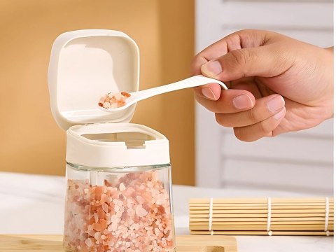 Pojemnik na przyprawy kuchenny z uchwytem szklany 300ml słoik + łyżeczka Pojemnik na przyprawy kuchenny z uchwytem szklany 300ml słoik + łyżeczka