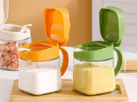 Pojemnik na przyprawy kuchenny z uchwytem szklany 300ml słoik + łyżeczka Pojemnik na przyprawy kuchenny z uchwytem szklany 300ml słoik + łyżeczka