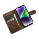 2W1 ETUI SKÓRZANY POKROWIEC Z KLAPKĄ IPHONE 14 ANTI-RFID OIL WAX WALLET CASE CIEMNO-BRĄZOWY