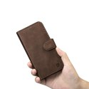 2W1 ETUI SKÓRZANY POKROWIEC Z KLAPKĄ IPHONE 14 ANTI-RFID OIL WAX WALLET CASE CIEMNO-BRĄZOWY