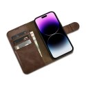 2W1 ETUI SKÓRZANY POKROWIEC Z KLAPKĄ IPHONE 14 PRO ANTI-RFID OIL WAX WALLET CASE CIEMNO-BRĄZOWY