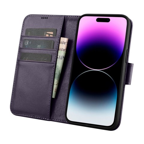 2W1 ETUI SKÓRZANY POKROWIEC Z KLAPKĄ IPHONE 14 PRO MAX ANTI-RFID WALLET CASE CIEMNOFIOLETOWY