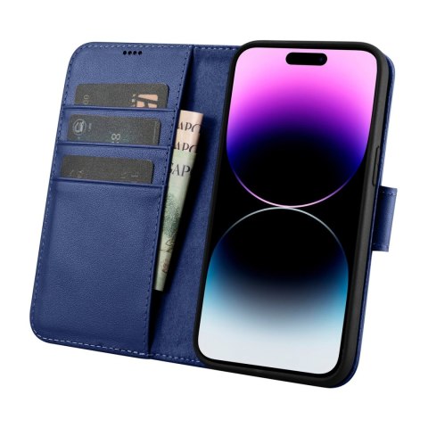 2W1 ETUI SKÓRZANY POKROWIEC Z KLAPKĄ IPHONE 14 PRO MAX ANTI-RFID WALLET CASE NIEBIESKI