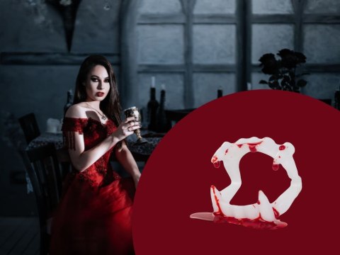 Zestaw sztuczne zęby+ krew halloween kły wampira draculi krew w tubce Zestaw sztuczne zęby+ krew halloween kły wampira draculi krew w tubce