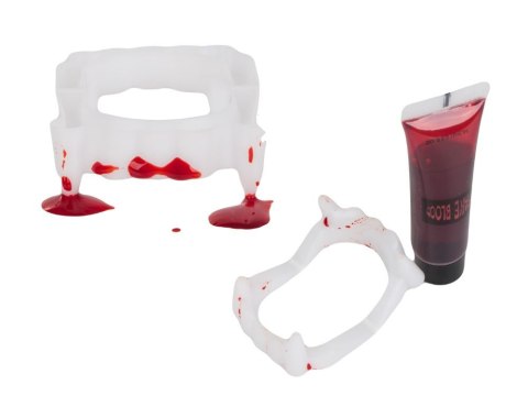 Zestaw sztuczne zęby+ krew halloween kły wampira draculi krew w tubce Zestaw sztuczne zęby+ krew halloween kły wampira draculi krew w tubce