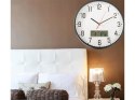 Zegar ścienny duży cichy 30cm okrągły wskazówkowy data temperatura drewno