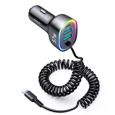 4W1 SZYBKA ŁADOWARKA SAMOCHODOWA USB-C PD 2X USB QC3 Z KABLEM LIGHTNING 1.6M 57W CZARNY 4W1 SZYBKA ŁADOWARKA SAMOCHODOWA USB-C PD 2X USB QC3 Z KABLEM LIGHTNING 1.6M 57W CZARNY