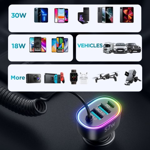4W1 SZYBKA ŁADOWARKA SAMOCHODOWA USB-C PD 2X USB QC3 Z KABLEM LIGHTNING 1.6M 57W CZARNY 4W1 SZYBKA ŁADOWARKA SAMOCHODOWA USB-C PD 2X USB QC3 Z KABLEM LIGHTNING 1.6M 57W CZARNY