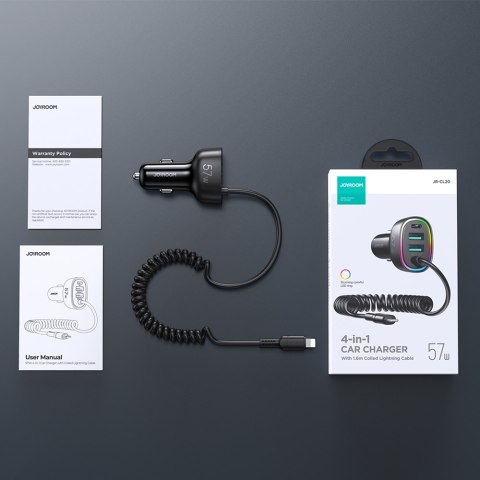 4W1 SZYBKA ŁADOWARKA SAMOCHODOWA USB-C PD 2X USB QC3 Z KABLEM LIGHTNING 1.6M 57W CZARNY 4W1 SZYBKA ŁADOWARKA SAMOCHODOWA USB-C PD 2X USB QC3 Z KABLEM LIGHTNING 1.6M 57W CZARNY