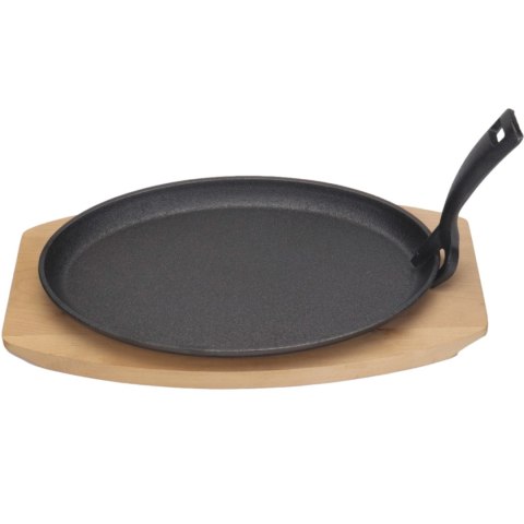 PÓŁMISEK ŻELIWNY Z DREWNIANĄ PODSTAWĄ UCHWYTEM GORĄCY TALERZ 280 X 140 MM PÓŁMISEK ŻELIWNY Z DREWNIANĄ PODSTAWĄ UCHWYTEM GORĄCY TALERZ 280 X 140 MM