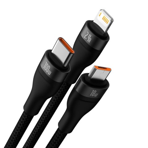 Kabel przewód 3w1 USB do USB-C / iPhone Lightning / micro USB 1.2m - czarny Kabel przewód 3w1 USB do USB-C / iPhone Lightning / micro USB 1.2m - czarny