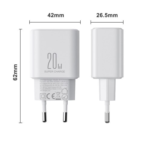 Ładowarka sieciowa USB-A USB-C PD 20W + kabel USB-C JR-TCF05 biała Ładowarka sieciowa USB-A USB-C PD 20W + kabel USB-C JR-TCF05 biała