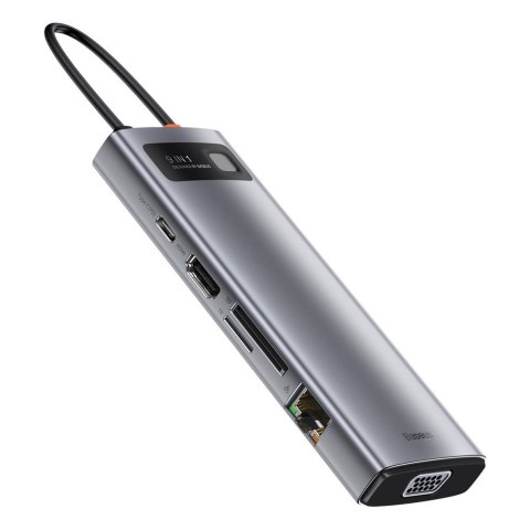 Wielofunkcyjny HUB 9w1 USB-C 3xUSB 3.2 PD VGA Full HD HDMI 4K czytnik kart TF i SD RJ45 szary Wielofunkcyjny HUB 9w1 USB-C 3xUSB 3.2 PD VGA Full HD HDMI 4K czytnik kart TF i SD RJ45 szary