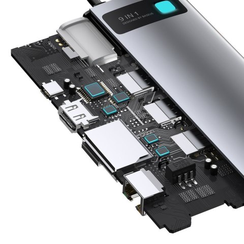 Wielofunkcyjny HUB 9w1 USB-C 3xUSB 3.2 PD VGA Full HD HDMI 4K czytnik kart TF i SD RJ45 szary Wielofunkcyjny HUB 9w1 USB-C 3xUSB 3.2 PD VGA Full HD HDMI 4K czytnik kart TF i SD RJ45 szary