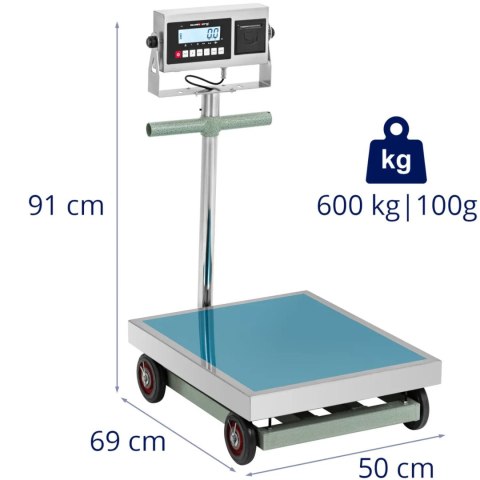 Waga platformowa z drukarką etykiet na kółkach LCD 60 x 50 cm 600 kg / 100 g Waga platformowa z drukarką etykiet na kółkach LCD 60 x 50 cm 600 kg / 100 g
